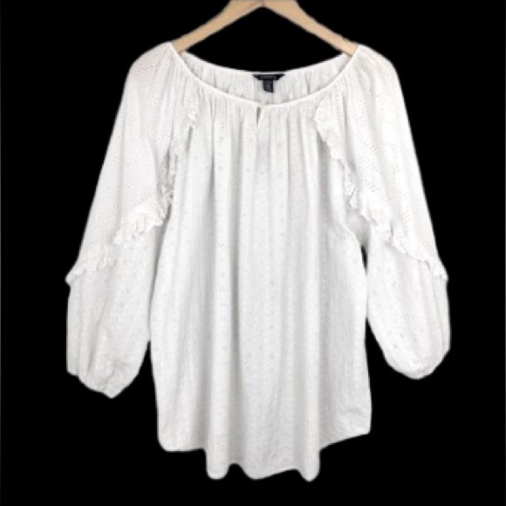 Chaps Floral Eyelet Tunic Top Shirt White Peasant Boho Prairie Women’s Size 1X